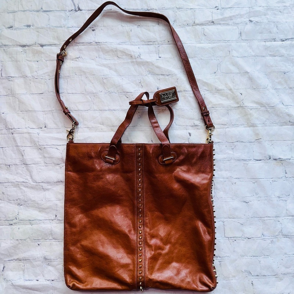 EUC Badgley Mischka Katrina Gold Studded Brown Leather Tote Shoulder Bag Purse